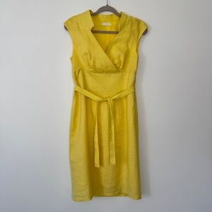 Kello Linen Dress Yellow Midi Pencil Skirt Belted Ballet Wrap V Neck Lined UK 8